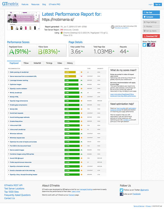 gtmetrix report gtmetrix poročilo